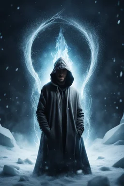 A man with hood standing by a musical abyss in an icy winter with cold sparks flying