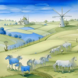 A silver colored pastures with windmills painted by the Limbourg brothers