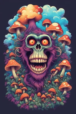 Psychedelic monkey skull looking high and grinning, surrounded by clouds and overgrown with psychedelic mushrooms. Digital drawing. Colorful. t-shirt design. Cartoon. Digital cartoon. Mid detailed