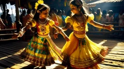 Two young girls dressed in traditional, colorful attire dance energetically on a wooden platform, transporting viewers to the vibrant celebration of the Dussehra festival in Delhi, circa 1990. The bright sun casts dramatic shadows and reflections on their yellow and white garments, accentuating their dynamic movements and animated expressions. In the background, a sturdy structure, possibly a Ferris wheel or fairground ride, integrates vibrant blue and red poles with intricate metalwork, adorned
