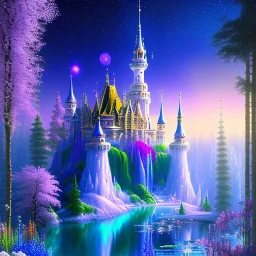 one big Cosmic castle crystal subtle in a galactic ambiance , blue lake, cascade, delicate flowers, delicate colors, bin the foreground, full of details, smooth，soft light atmosphere, light effect，vaporwave colorful, concept art, smooth, extremely sharp, masterpiece, best quality, blue skinned, sparkling,8k, , sun light, 8K, RAW, depth of field,high contrast,