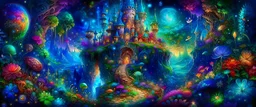 a mesmerizing digital painting, a celestial beautiful fairy garden, faery castle emerges, radiating vibrant luminescent hues against amazing magic cosmos. Its otherworldly form is a bright iridescent colours, that shimmer like precious gems and intricate patterns that seem to dance with life. The image captures every intricate detail of this vivacious picture, showcasing its celestial beauty in stunning high-definition, Butterfly, 32Kambiance, echoes of da Vinci's mastery manifest in the interpl