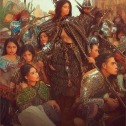 portrait,"Insanely detailed photograph of a gang of mariachi warriors", intricate chainmail charo, large colorful Sombrero,elegant cape, highly detailed D20, digital painting, artstation, concept art, smooth, sharp focus, illustration, art by artgerm and greg rutkowski and alphonse mucha, 8 k