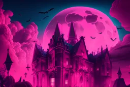 Pink halloween party in an illuminated city under the sky