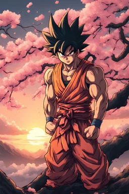 angry goku with a sakura tree and sunset as a background