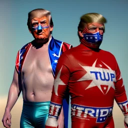 realistic image of donald trump as a mexican wrestling fighter posing outdoors, Mexican eyes wrestling mask, red and blue breeches, confederate flag cape, naked torso, retro style, 80s, vibrant color, highly detailed, sky background, concept art, unreal engine 5, god rays, ray tracing, RTX, lumen lighting, ultra detail, volumetric lighting, 3d, finely drawn, high definition, high resolution.