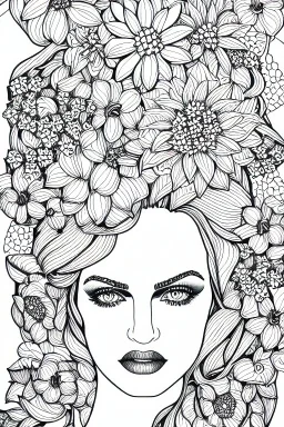 hyper detailed, black and white, thick line, coloring book illustration, lineart, stunningly beautiful woman in flowers