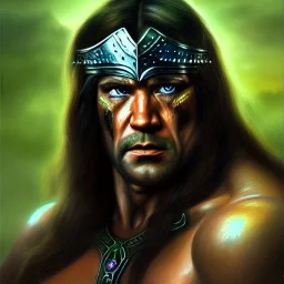 ultra detailed portrait of Conan the barbarian, wearing armor, extremely detailed digital painting, extremely detailed face,crystal clear green eyes, in the style of robert e howard , mystical colors, rim light, beautiful lighting, 8 k, stunning scene, raytracing