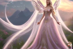 castle in background, beautiful, soft, big smiling, straight and long blonde hair, dewy and shiny atmosphere, diamond crown, long fairy wings in the back, full head, pink veil clothes