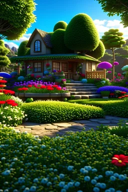 Pixar studio ghibli beautiful garden with fruits, gnomes, pixies, eldritch, stone architecture, water fall, lovecraftion, colourful wild flowers, fantasy, cinematic footage, photorealism, hydrangeas around house hills fantasy land beautiful flower landscape alien world puffy trees, stylized painting, 3d 4k octane render, lifelike, photorealistic, artstation, illustration, smooth, sharp focus, ornate, intricate, complex, highly detailed, digital painting, smooth, art by tom bagshaw, akihiko yosh