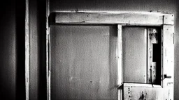 unhinged door, anime, monochrome, black background, ink, simple, maximum quality, broken hinge, barely functioning, why is it still being used it's a health hazard