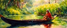 watercolor painting of an old Kerala fisher man in canoe ,angling, lush green trees, , water, river , colorful, pen line sketch and watercolor painting ,Inspired by the works of Daniel F. Gerhartz, with a fine art aesthetic and a highly detailed, realistic style