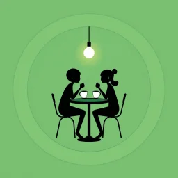 A circular logo for a cafe in a beautiful green color, with two people sitting at a table for two, their heads shaped like coffee cups, drinking coffee, and the cafe light above the table is on.