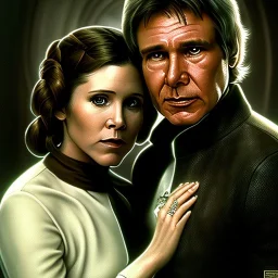 carrie fisher embracing harrison ford, waist up portrait, intricate, oil on canvas, masterpiece, expert, insanely detailed, 4k resolution, cinematic smooth, intricate detail , soft smooth lighting, soft pastel colors,