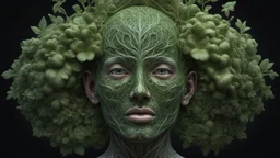 3D rendering of Expressively detailed and intricate of a hyperrealistic “ human head detailed with organic form”: front view, symetric, green glossy plant vines, anatomy, symmetric, scientific, baroque ornament, single object, vivid colour, black background, cosmic fractals, octane render, 8k post-production, dendritic, artstation: award-winning: professional portrait: atmospheric: commanding: fantastical: clarity: 16k: ultra quality: striking: brilliance: stunning colors: amazing depth