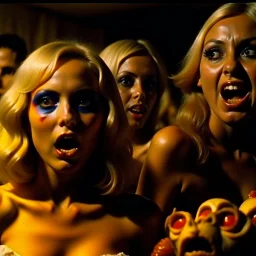 Horror movie shot, hot, ultra realistic, dine, horns, ultra chaos, realistic hot blonde women, party, pieces of meat, organs, hot dynamic, very excited people, hypermaximalist figures, light, 1970's Italian horror movie, sinister,, Dario Argento, Stanley Kubrik, ornate, 4k, photorealism