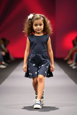 2 years old baby girl fashion model with curvy wavy hair ,cat walks in runway,catwalk and pose at end with cute