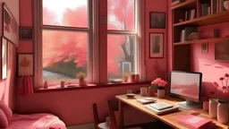 Cozy and beautiful pink Girl room It is inspiring and full of beautiful things, and there are posters and pictures on the wall with desk and big window Overlooking a quiet autumn scene with rainy weather, there is a cup of coffee Where steam comes out of the cup on the desk