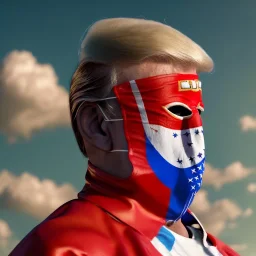 realistic image of donald trump as a mexican wrestling fighter posing outdoors, Mexican eyes wrestling mask, red and blue breeches, confederate flag cape, naked torso, retro style, 80s, vibrant color, highly detailed, sky background, concept art, unreal engine 5, god rays, ray tracing, RTX, lumen lighting, ultra detail, volumetric lighting, 3d, finely drawn, high definition, high resolution.