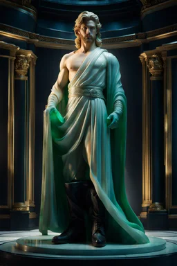 highly detailed marble and jade statue on a plint of a young man. long blond hair and short beard, full body shot, invisible gloves, , volumetric fog, Hyperrealism, breathtaking, ultra realistic, unreal engine, ultra detailed, cyber background, Hyperrealism, cinematic lighting, highly detailed, breathtaking, stunning environment