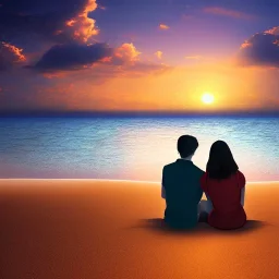 2 lovers watching the sunset sitting in the sand on a sand island