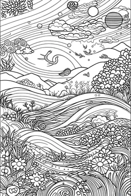 freedom, coloring book page, simple and clean line art, adult drawing book, low details, black and white, crisp black lines, no shades, sharp lines, coloring book for adults, cartoon style, landscape