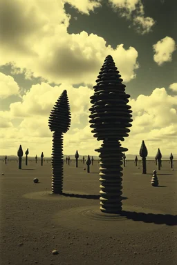 Strange spindle-shaped objects of various shapes, scattered over an arid wasteland, clouds, night, Max Ernst, Audubon, Amano, Walton Ford, Yves Tanguy, polaroid, 8k, 3d, 33mm photography, well defined