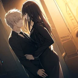 anime couple with day on one side night on the other, stormy night on one half, sunny day on the other half,ballancing scale, couple is standing back to back, girl is wearing and man is wearing black suit and tie.