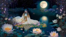 A digital illustration blending realism and fantasy, depicting Ophelia in a modern interpretation of a tunic, her thighs bathed in the soft glow of the moon, surrounded by vibrant lotus flowers and swaying reeds. The scene is infused with a sense of enchantment and surrealism, with a hint of whimsy and magic in the air. This version explores a more contemporary and imaginative approach to the traditional imagery.