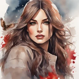 a headshot of a woman with long brown hair, red eyes, brown hawk wings on back, modern setting, bad girl vibe, intricately detailed, watercolor splash art