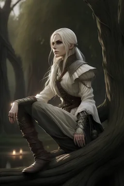 The elven woman sits on a small stump under the willow tree. Sweaty and tired after training, she still exudes angelic beauty. She's dressed in a white medieval men's shirt, long black trousers, and tall riding boots. Two swords lay on the ground beside her feet. Her long white hair is braided, reaching almost to her knees. Her doll-like face is turned to one side, her eyes the color of a bright sky, gazing into the distance. The figure seems contemplative.