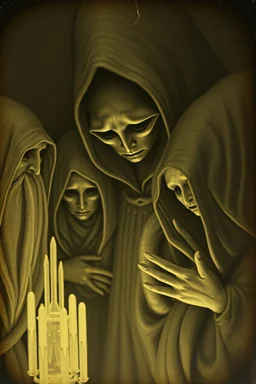 Daguerrotype close up some mysterious figures, odd background, Hieronymus Bosch, ambient light, by Minicavio Quollati and Marlost Endgulp, Amano, Botticelli, Alphonse Mucha