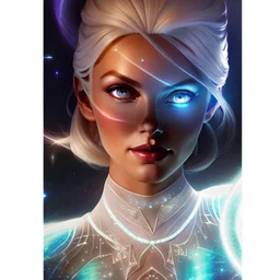 Lexica Aperture v2 style ! dream symmetry!! (((happy, joyful, smiling portrait)))+++, white hair, blue eyes, Brigitte Bardot, diamond third eye, spiritual gradient, gaia, chakra, universe, sci - fi, glowing lights!! intricate, space station, elegant, highly detailed, digital painting, artstation, concept art, smooth, sharp focus, illustration, art by artgerm and greg rutkowski and alphonse mucha