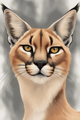 "Generate an AI paint art of a Caracal in a front-facing, half-body shot. Capture the captivating features of this wild cat, emphasizing its unique markings and intense gaze. Infuse the artwork with a sense of the caracal's grace and untamed beauty."