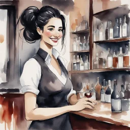 sophisticated smiling female bartender in a top end wine bar in Paris, well dressed long black hair worn up in a stylish bun with one lock of hair hanging over her face, dark mahogany bar and shelving, watercolor and ink painting, dramatic, beautiful