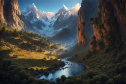 A valley through immense mountains. a mountain higher than Everest at the end of the valley. fantasy concept art, exquisite realism, a masterpiece, dynamic lighting, hyper detailed, intricately detailed, deep color, Unreal Engine, volumetric lighting , Epic cinematic brilliant stunning intricate meticulously detailed dramatic atmospheric maximal,