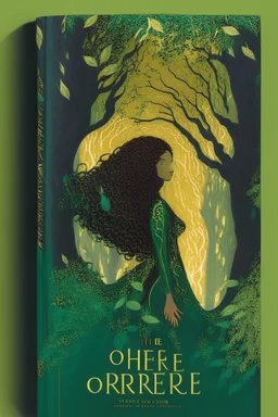 book cover, In the heart of a dense and enigmatic forest with towering ancient trees cloaked in emerald, yellow and amber foliage stands an ethereal beauty her lustrous hair cascading in ebony waves down to her slender waist she is slowly turning into a tree herself