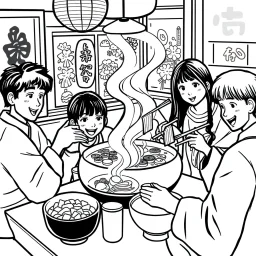 bold and easy, cozy Japan-Hot pot dinner shared by friends has very thick black outlines, making the details simple and fun to color colors, must be black and white and should have very few backgrounds or no backgrounds