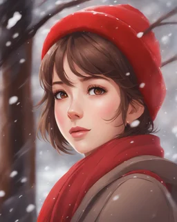 Medium view of a girl with short brown hair, red winter hat, red scarf, winter coat, snow in the background, beautiful anime portrait