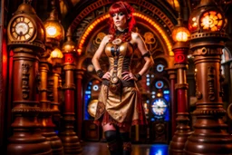 full body shot of a skinny Cleopatra, with a bob red hairstyle, standing in a steampunk setting.