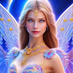 Flower angel, beautyful smiling young woman, long hair amazing blue eyes, happy cosmic, bright colors, blue, pink, gold, jewels, realistic, photo real, clear sunny background, highly detailed, high contrast, 8k high definition, unreal engine 5, extremely sharp detail, light effect, sunny light background