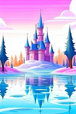 cartoon illustration: a large beautiful frozen lake and next to the lake is a magical castle