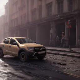 an dacia car ultra realistic durty dust no clean ,wide body , ,on street,8k resolution, high-quality, fine-detail, parked in crowded city winter wide body night future city