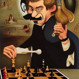 Shooter McGavin from Happy Gilmore playing chess with Wario in the style of Hieronymus Bosch