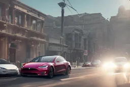 A Tesla 'Model S' is racing at top speed, on the streets of San Francisco. (CINEMATIC, WIDE ANGLE LENS, PHOTO REAL)