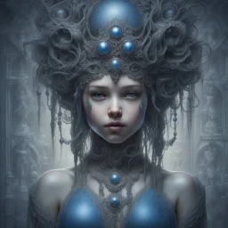 photorealistic beautiful girl RICHLY ADORNED WITH LACE completely made by transparent drops of water, reflecting a blue light, ULTRA detailed; CORRECT anatomy, FACE and eyes, STYLE by JEAN BAPTISTE MONGE, H.R. Giger, MICHELANGELO, Gustave Dore, LEONARDO DA VINCI, CARAVAGGIO, GOYA, insanely detailed and intricate, hypermaximalistic, HIGH DEFINITION AND DETAILED