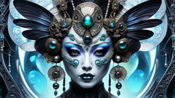 create an image of a beautiful menacing prismatic and (iridescent:1.5) (geisha alien:1.5) with perfect gorgeous black alien eyes and adorned with (unique bone carvings:1.5) with futuristic jewelry and pearlescent butterflies filigree, H.R. Giger style, Japanese and alien background, sharp focus, whimsical, fantasycore, aliencore, gothcore, lillies and tropical flora, aliens