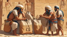 Ancient Egyptian soldiers tying large bags