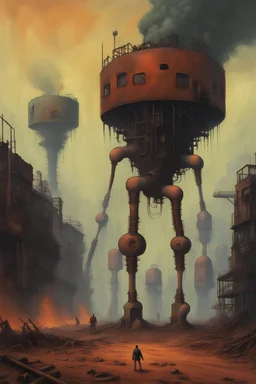 A rusted machine factory walking on multiple fleshy human gangrenous legs, wasteland setting, spewing toxic fumes,in the style of Zvidslav Beksinski