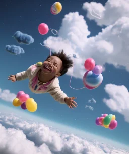 Ultra realistic speed clouds sky scene, wide angle view, childs falling down with many Childs background, circus dress style, feather color, free jumping flying, many trinkets, hair monster, many jelly beans, balls, color smoke, smile, happy, extreme, wind, clouds sea, 20,000 feet altitude, stratosphere, soft color, highly detailed, unreal engine 5, ray tracing, RTX, lumen lighting, ultra detail, volumetric lighting, 3d, finely drawn, high definition, high resolution.